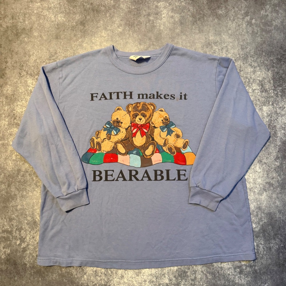 Vintage Women's Faith Makes It Bearable Teddy Bear Crewneck Sweatshirt Blue XL
